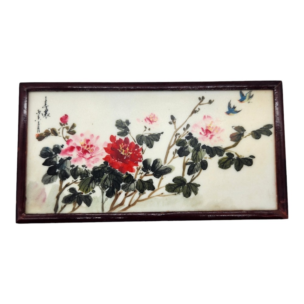 Vintage Chinese Porcelain Tile Plaque Painting Double Sided Fowers Women Signed